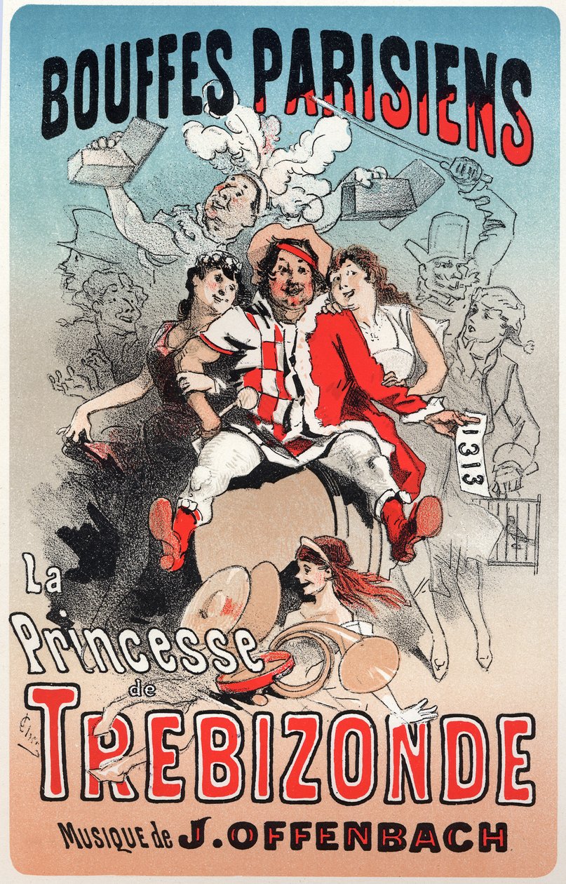 Zene. Trebizonde hercegnője, Jacques Offenbach operettje. Jules Cheret plakátja a Bouffes Parisiens 1. kiállításához, Párizs, Franciaország alkotó: Jules Cheret