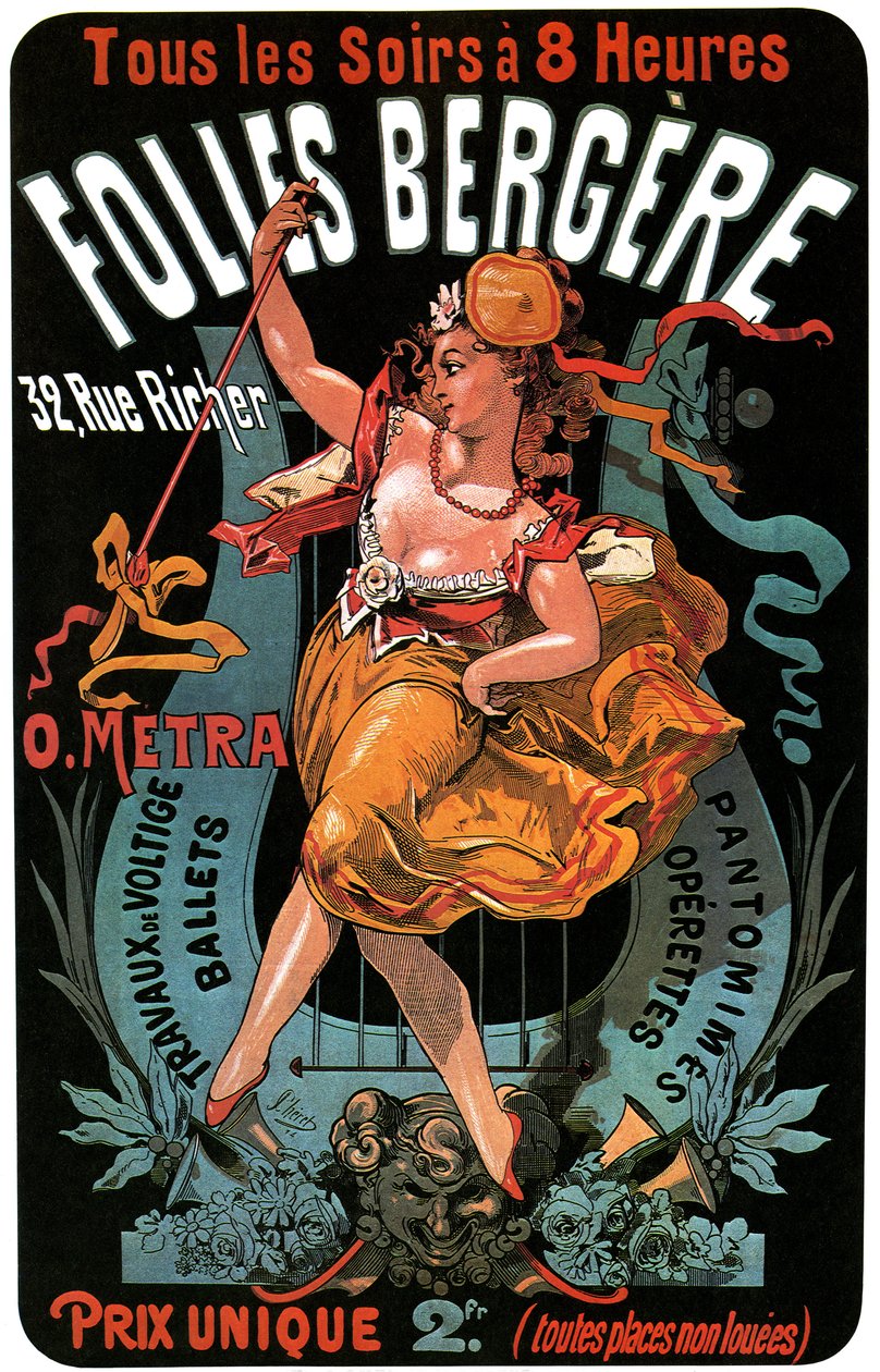 Jules Cheret (1836-1932) 1874-es Folies-Bergere plakátja - műrepülők, balettek, pantomimek, operettek, tánc, táncos, music hall (music hall), vidám Párizs, éjszakai Párizs - A Folies-Bergere 1874-es plakátja. alkotó: Jules Cheret