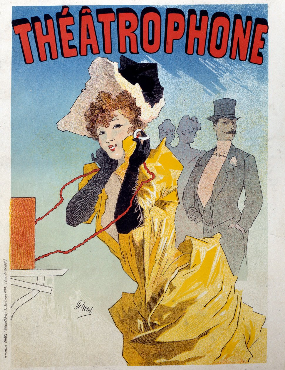 A Theatrophone plakátja: egy fiatal elegáns egy színházi darabot hallgat a hallgatóság elé. Illusztráció: Jules Cheret (1836-1932) 19. századi Párizs, Dekoratív művészetek alkotó: Jules Cheret