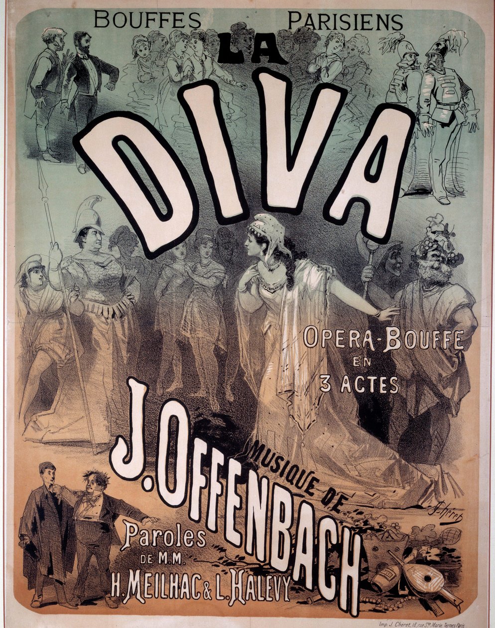 Jacques Offenbach (1819-1880) által megzenésített „Díva” című operett plakátja a párizsi Bouffes-ban alkotó: Jules Cheret