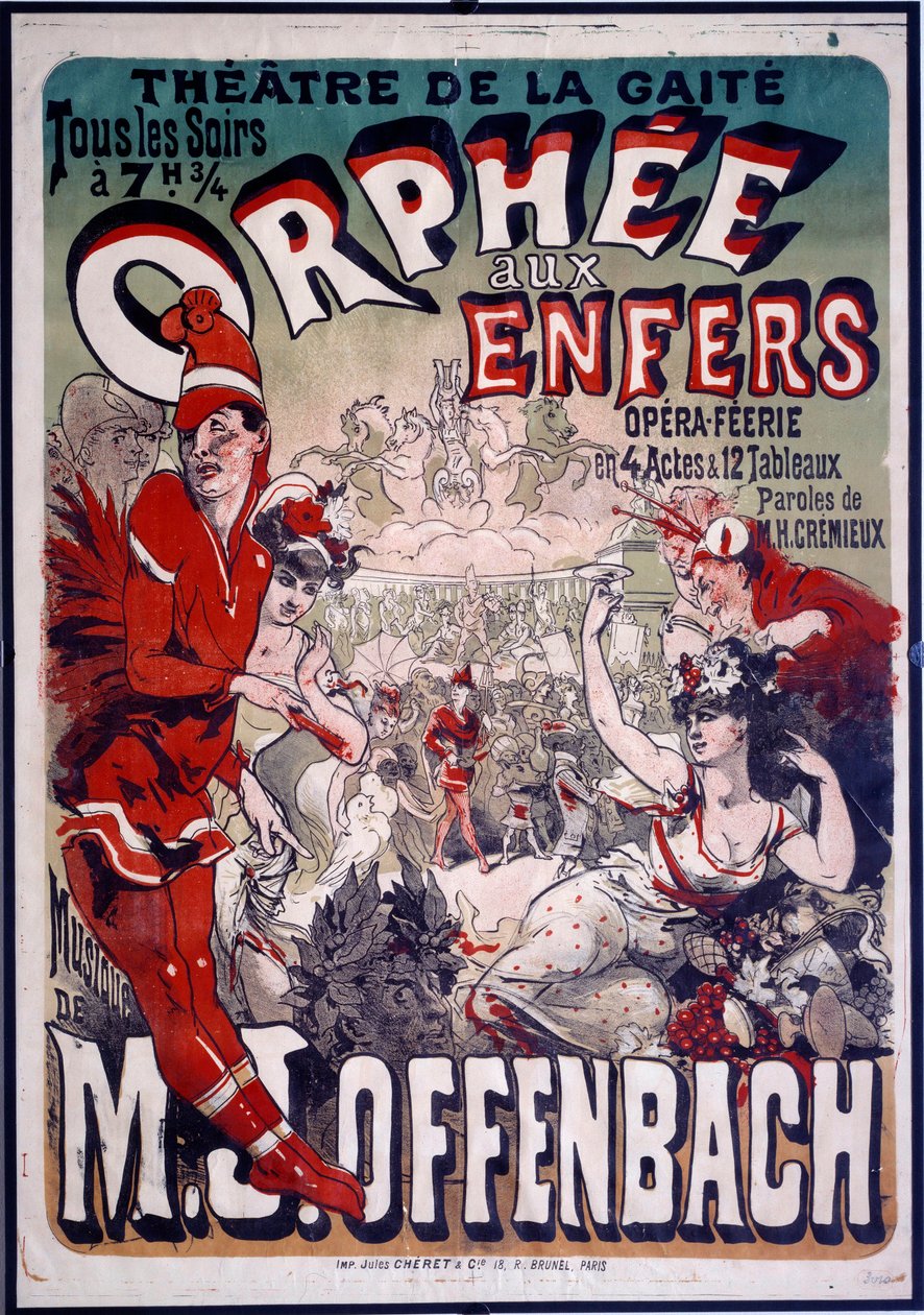 Poszter az „Orphee aux Envers” című operetthez, amelyet Jacques Offenbach (1819-1890) zenésített meg a Theater de la Gaite Párizsban. Illusztráció: Jules Cheret (1836-1932) 1874. alkotó: Jules Cheret
