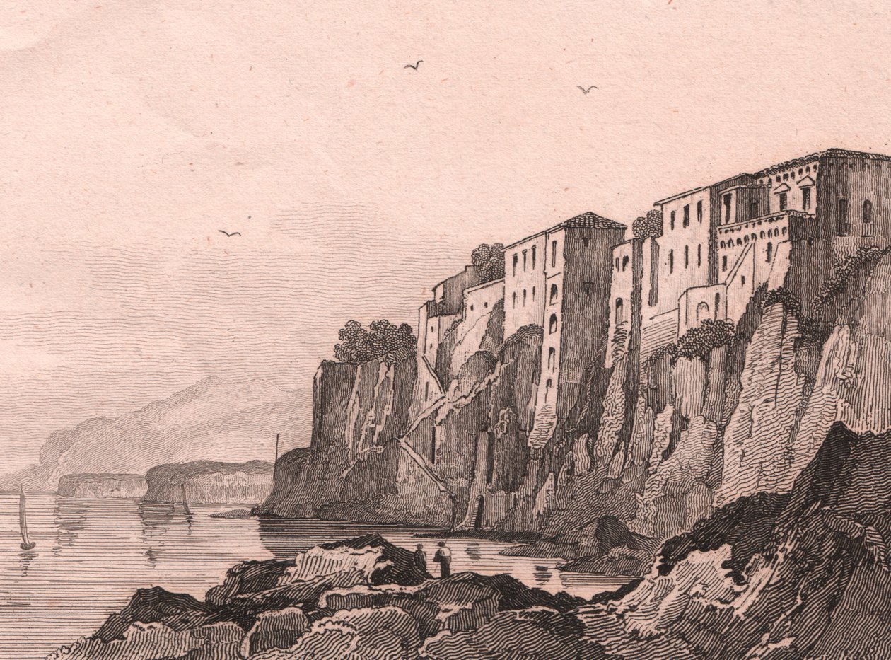 Sorrento kilátása Torquato Tasso házával, Campania, Olaszország, Sauvage acélmetszet Jules Coignet (1798-1860) rajza alapján, kb 13x10 cm alkotó: Jules Coignet