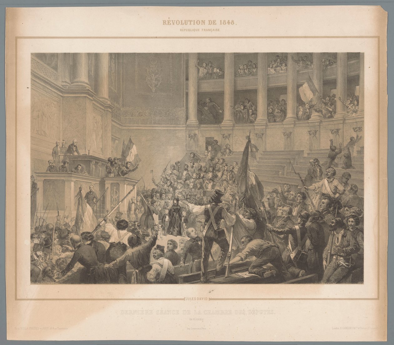 A párizsi felkelők megzavarták a képviselőház ülését Dernière séance de la chambre des députés (cím a tárgyon) Jelenetek az 1848-as februári forradalomból (sorozat címe) Revolution de 1848 (sorozat címe az objektumon) alkotó: Jules  David
