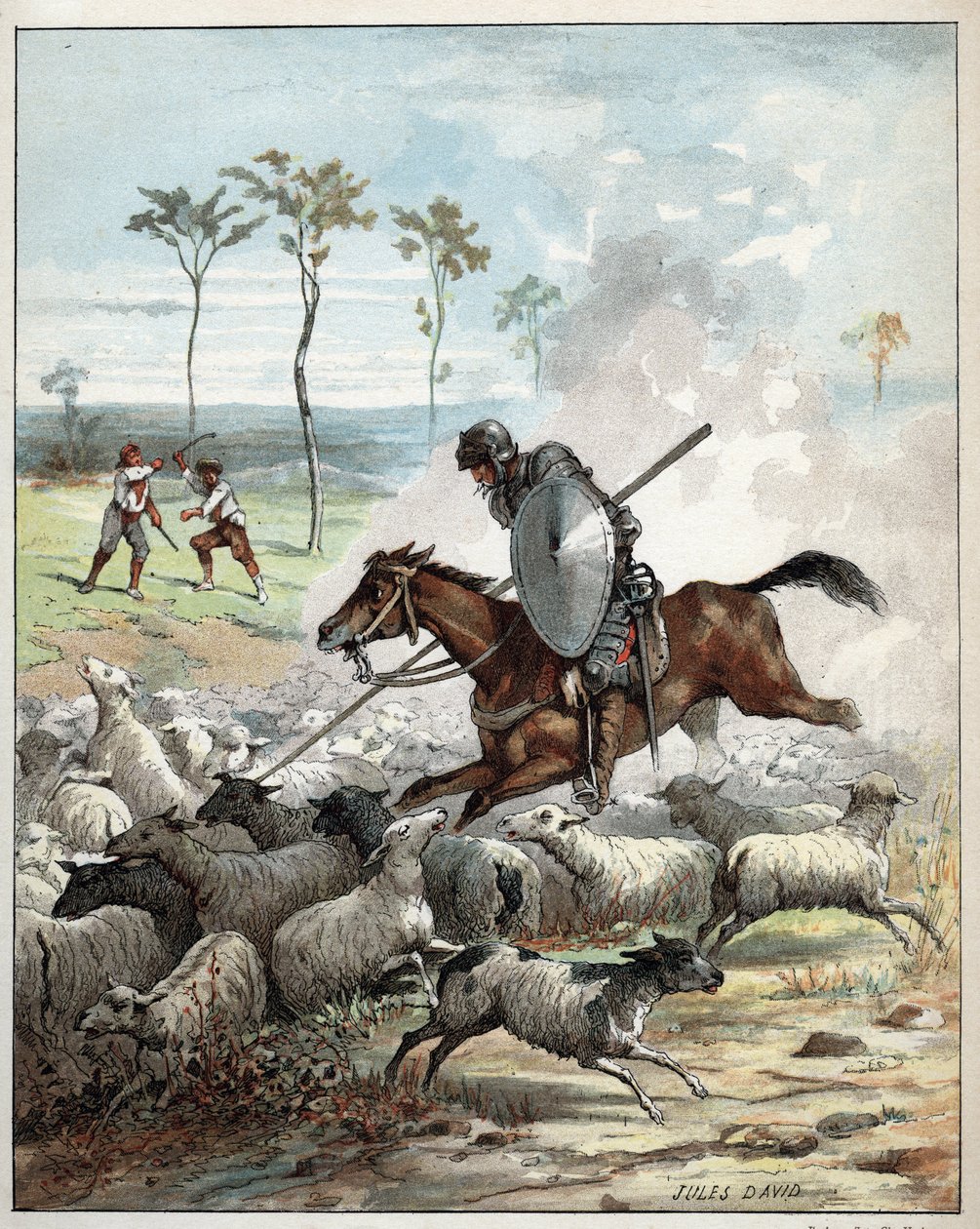 Don Quijote juhokat öl, akik azt gondolják, hogy lovagok – Don Quijote a lován átszúrja a lovagnak tartott juhokat – Jules David (1808-1892) illusztrációja a Don Quijote történetéből (Don Quijote) – 1887 – Miguel de Cervantes Saavedra (1547) -1616) alkotó: Jules David