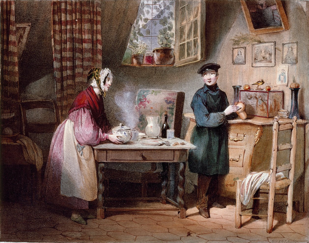Gazdaság. Fiatal pár egy házban: a nő egy kortyot tesz az asztalra, a férfi pedig egy érmét tesz a malacperselybe. Jules David színes metszete (XIX. század) Párizs, Musee Carnavalet alkotó: Jules David