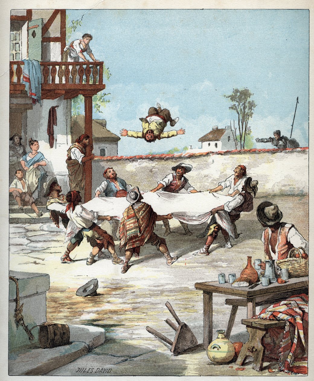 Az Innben Sancho Panza emberkezelt, gazdája Don Quijotét hívja, hogy segítsen neki - A szállodában des gaillardok készítik Sancho Panzát egy takaróval, Sancho hív, hogy segítsen gazdájának Don Quijote - Jules David (1808-1892) illusztrációja Histoir alkotó: Jules David