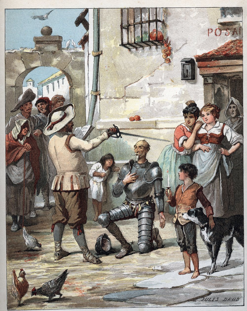Egy fogadón kívül Don Quijote lovaggá válik - Jules David (1808-1892) illusztrációja a Don Quijote történetéből (Don Quijote) - 1887 - Miguel de Cervantes Saavedra (1547-1616) - alkotó: Jules David