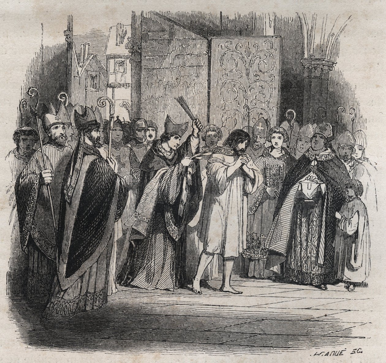 VI. Raymond vezeklése, Toulouse grófja – 1209. június 22-én VI. Raymond Toulouse grófja, akit III. Innocent pápa (Milon legat du pope) kizárt, mert nem üldözte a katarokat, azzal vádolják, hogy ő volt Pierre de Castelnau meggyilkolásának felbujtója. , kész alkotó: Jules David