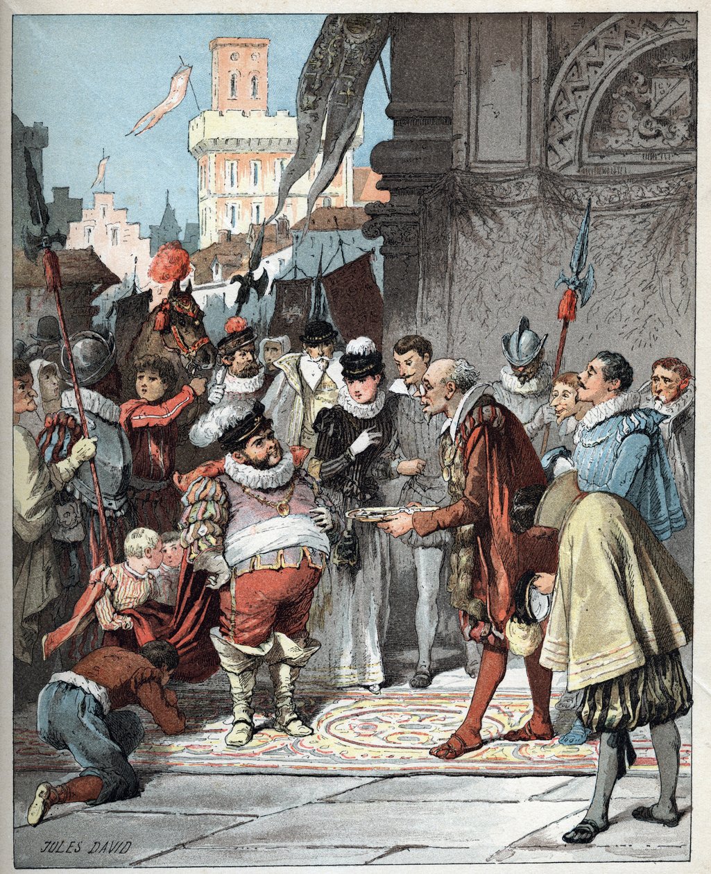 Sancho Panzát nevezték ki Barataria sziget kormányzójává - Sancho Panzát Barataria szigetének örökös kormányzójává teszik - Jules David (1808-1892) illusztrációja a Don Quijote történetéből (Don Quijote) - 1887 - Miguel de Cervantes Saavedra (1547-1616) - alkotó: Jules David