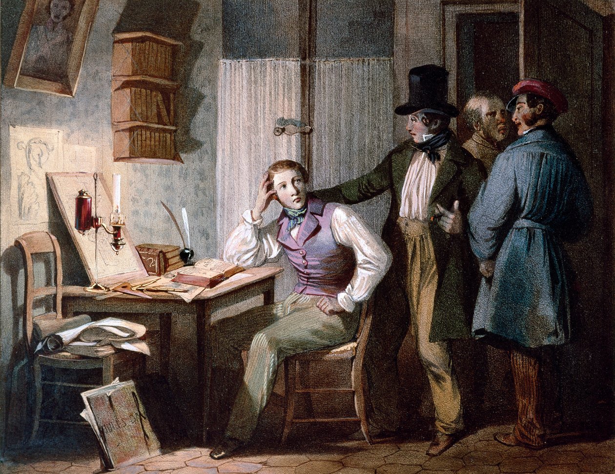 Tanulmány. Egy szorgalmas diák az irodájában dolgozik, amíg a barátai kimennek. Színes metszet Jules David (XIX. század). Párizs, Musee Carnavalet alkotó: Jules David