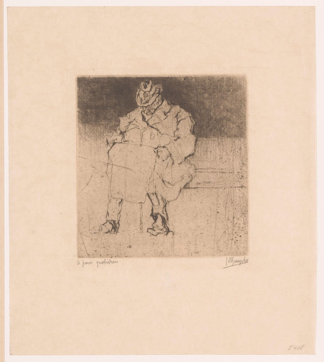 Idős úriember sétabottal ül egy padon Le pain quotidien (cím a tárgyon) alkotó: Jules De Bruycker (signed by artist)