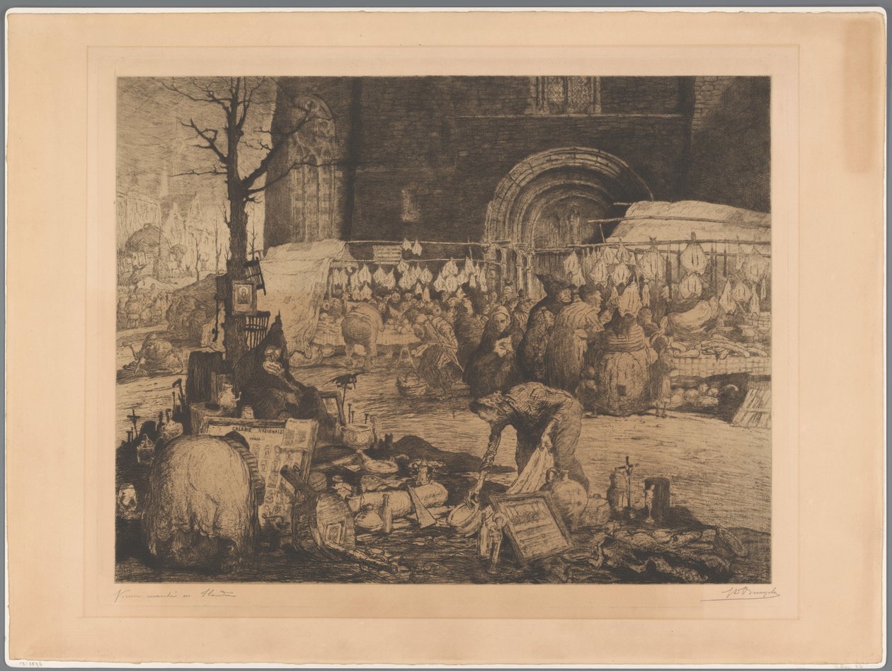 Kilátás egy flandriai piacra Vieux marché en Flandre (cím a tárgyon) alkotó: Jules De Bruycker (signed by artist)