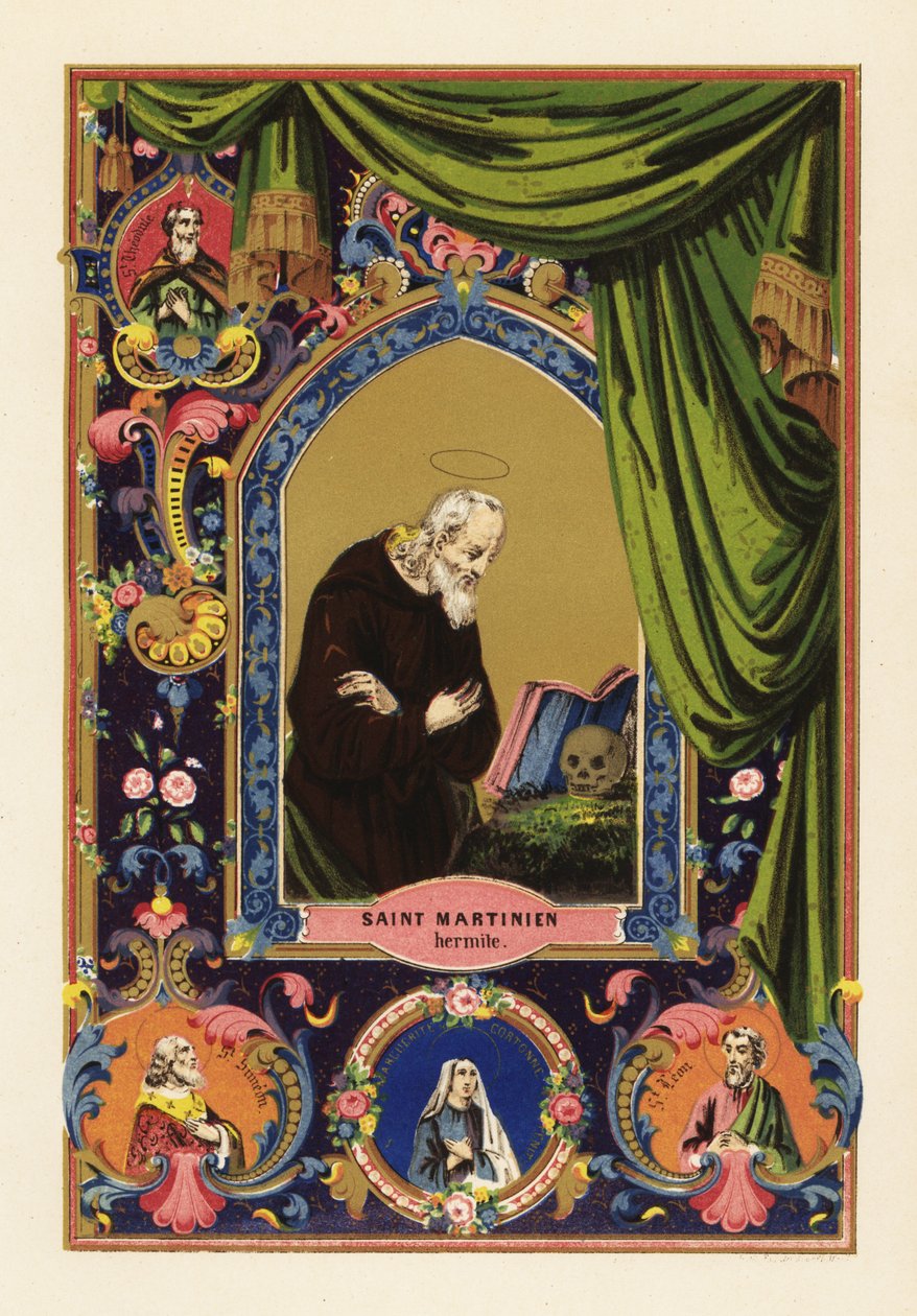 Szent Márton, a palesztinai Caesarea remete portréja glóriával, emberi koponyának dőlve, Bibliát olvasva, függönyök és lombozat díszítő szegélyén belül alkotó: Jules Desportes