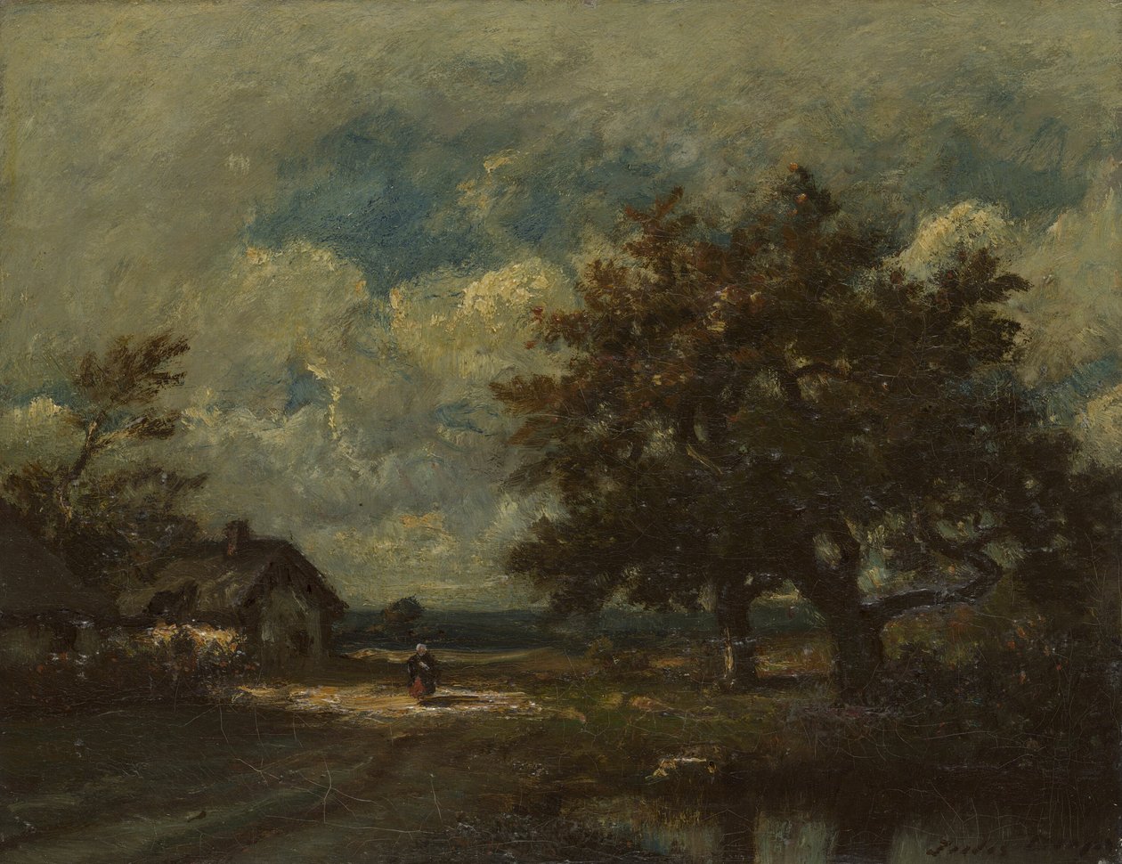 A házikó az út mellett, viharos égbolt alkotó: Jules Dupré