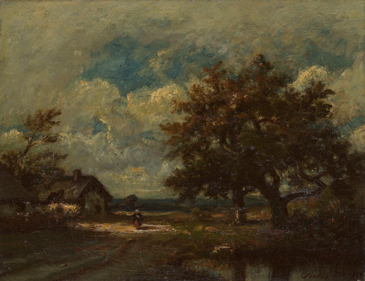 A házikó az út mellett, viharos égbolt alkotó: Jules Dupré