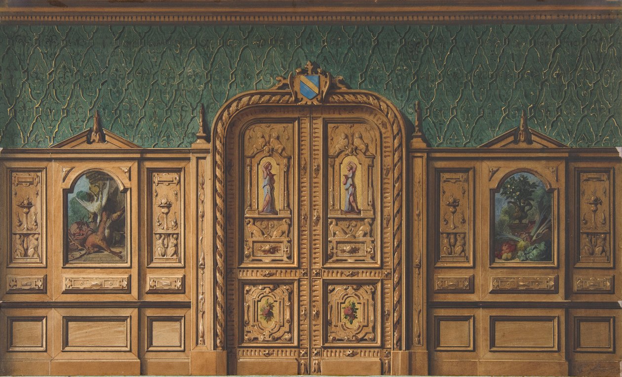 Tervezés egy festményekkel díszített fapanelekkel és erősen faragott dupla ajtóval, 1830-97. Alkotók: Jules-Edmond-Charles Lachaise, Eugène-Pierre Gourdet. alkotó: Jules Edmond Charles Lachaise and Eugène Pierre Gourdet