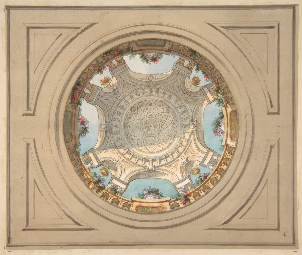 Tervezés trompe loeil korláttal ellátott mennyezethez alkotó: Jules Edmond Charles Lachaise