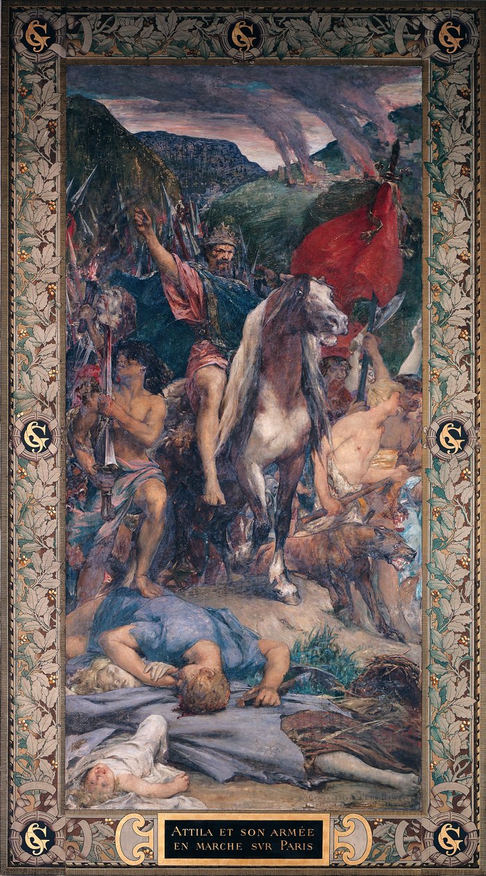 Attila (406-453 körül) és serege Párizs felé menetel alkotó: Jules Elie Delaunay