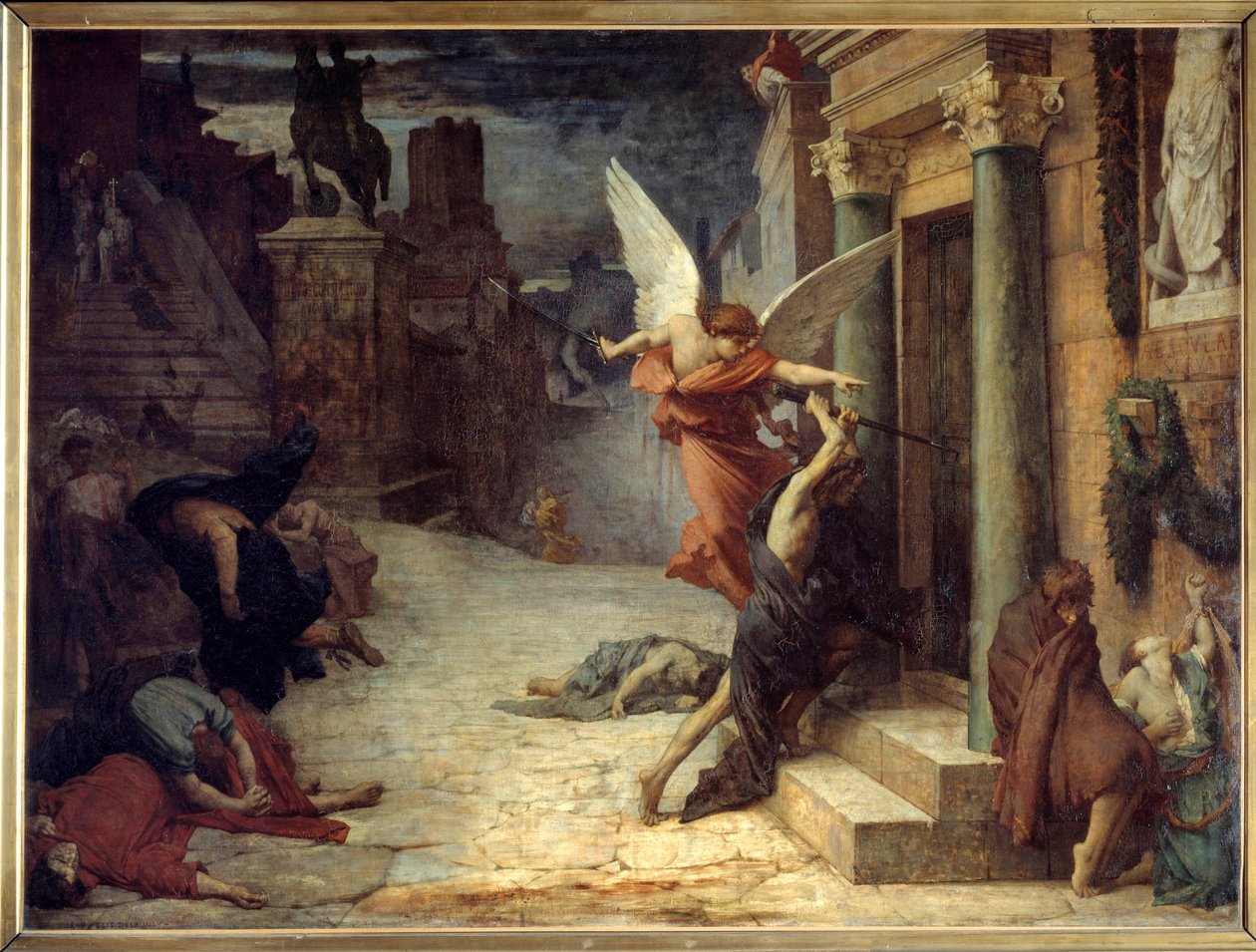A pestis Rómában Az ajtókon áttörő virág allegorikus ábrázolása. Jules Elie Delaunay (1828-1891) festménye 1869. Dim. 1,31 x 1,76 m Párizs, Muse d