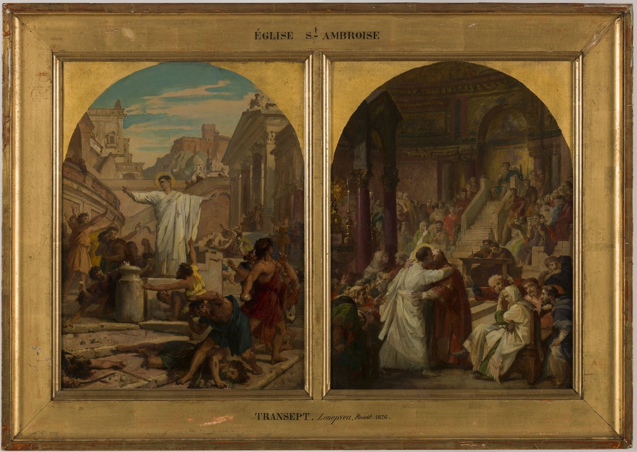 A Saint-Ambroise templom vázlata: 1872 és 1875 között (olaj, vászon): Szent Ágoston véget vet annak a barbár gyakorlatnak, hogy apák, testvérek és fiúk háborút vívnak egymással, hogy háborút gyakoroljanak. alkotó: Jules Eugene Lenepveu