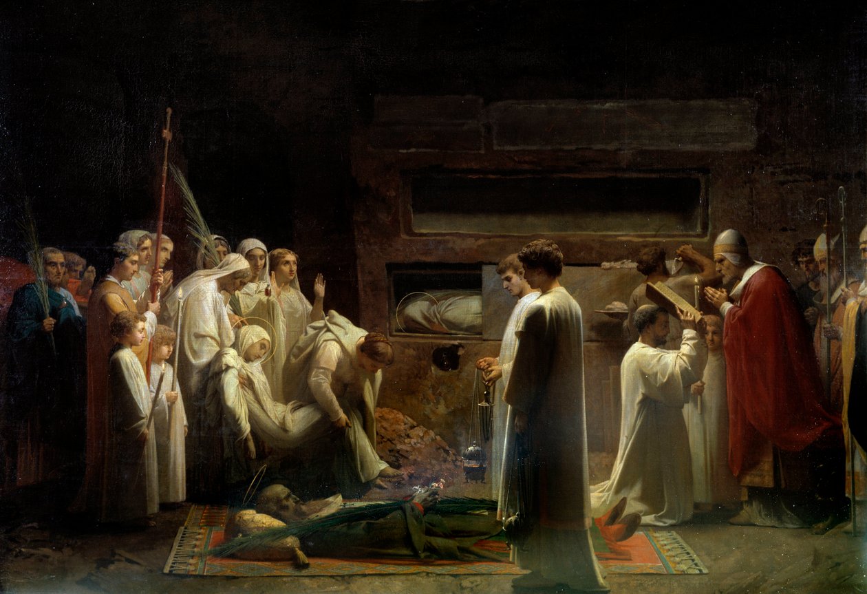 A mártírok a katakombákban. Keresztény gyülekezet az első keresztények temetésén Rómában. Jules Lenepveu (1819-1898) festménye 1855 V. 1,7x3,36 m Párizs, Muse d