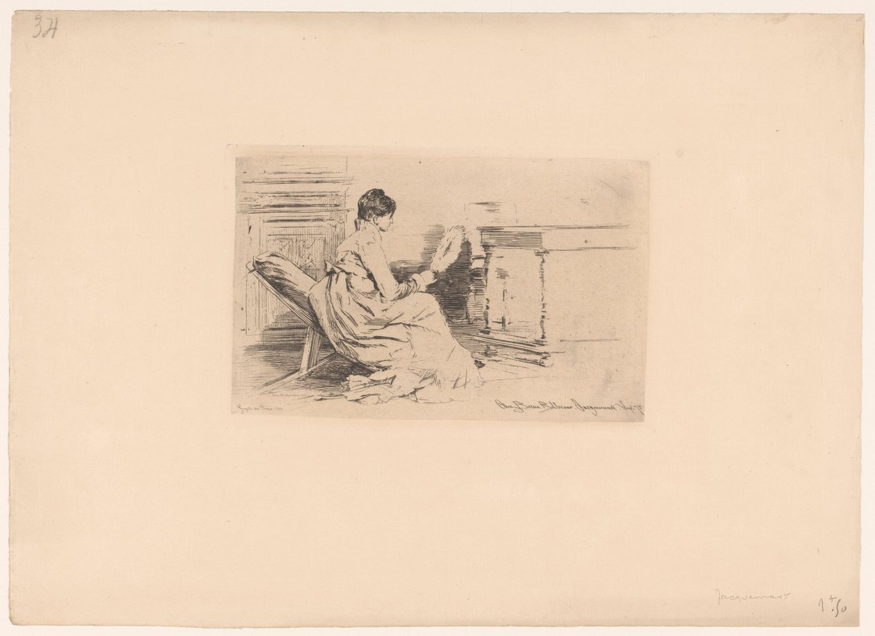 Nő ventilátorral alacsony széken alkotó: Jules Ferdinand Jacquemart (attributed to)