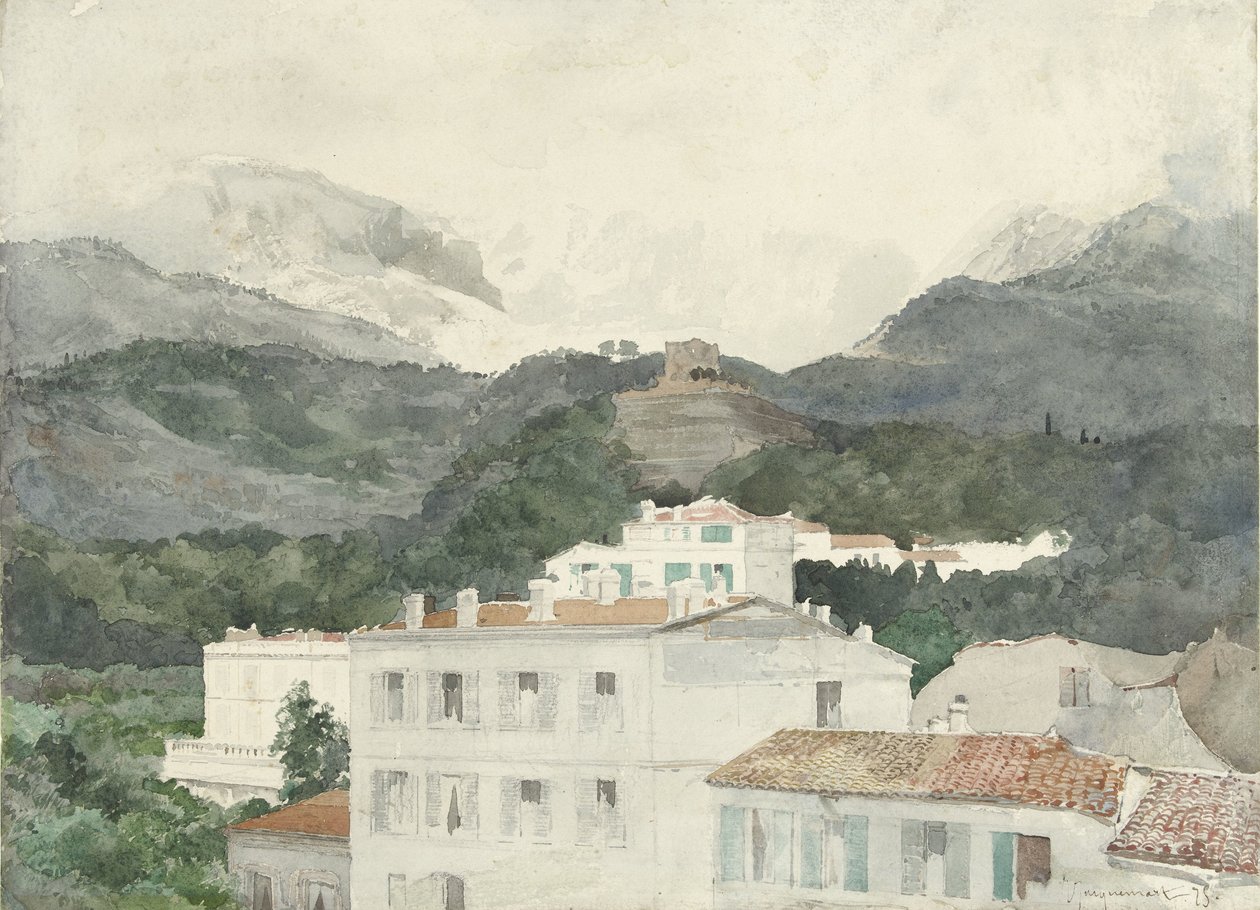 Vidéki házak a hegyek lábánál, magas hegyek a távolban, La Turbie alkotó: Jules Ferdinand Jacquemart