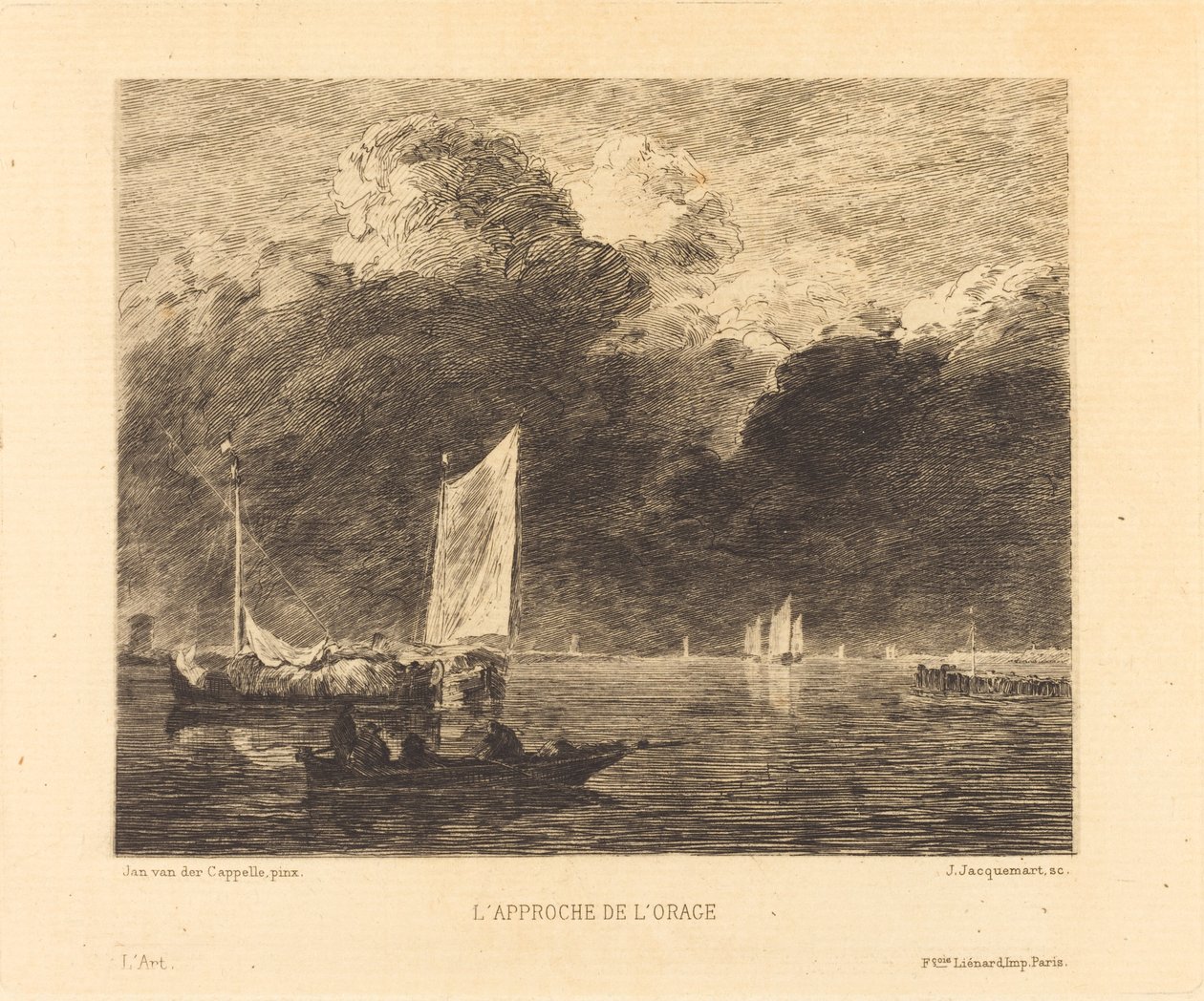 A vihar megközelítése alkotó: Jules Ferdinand Jacquemart after Jan van de Cappelle