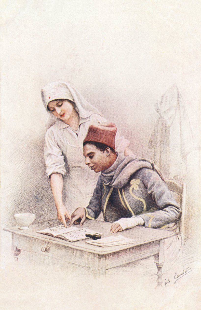 Olvasás lecke. A „Nemzetek háborúja” című képeslap, amely egy vöröskeresztes nővért ábrázol, aki olvasni tanul egy szenegáli cipésznek alkotó: Jules Girardet