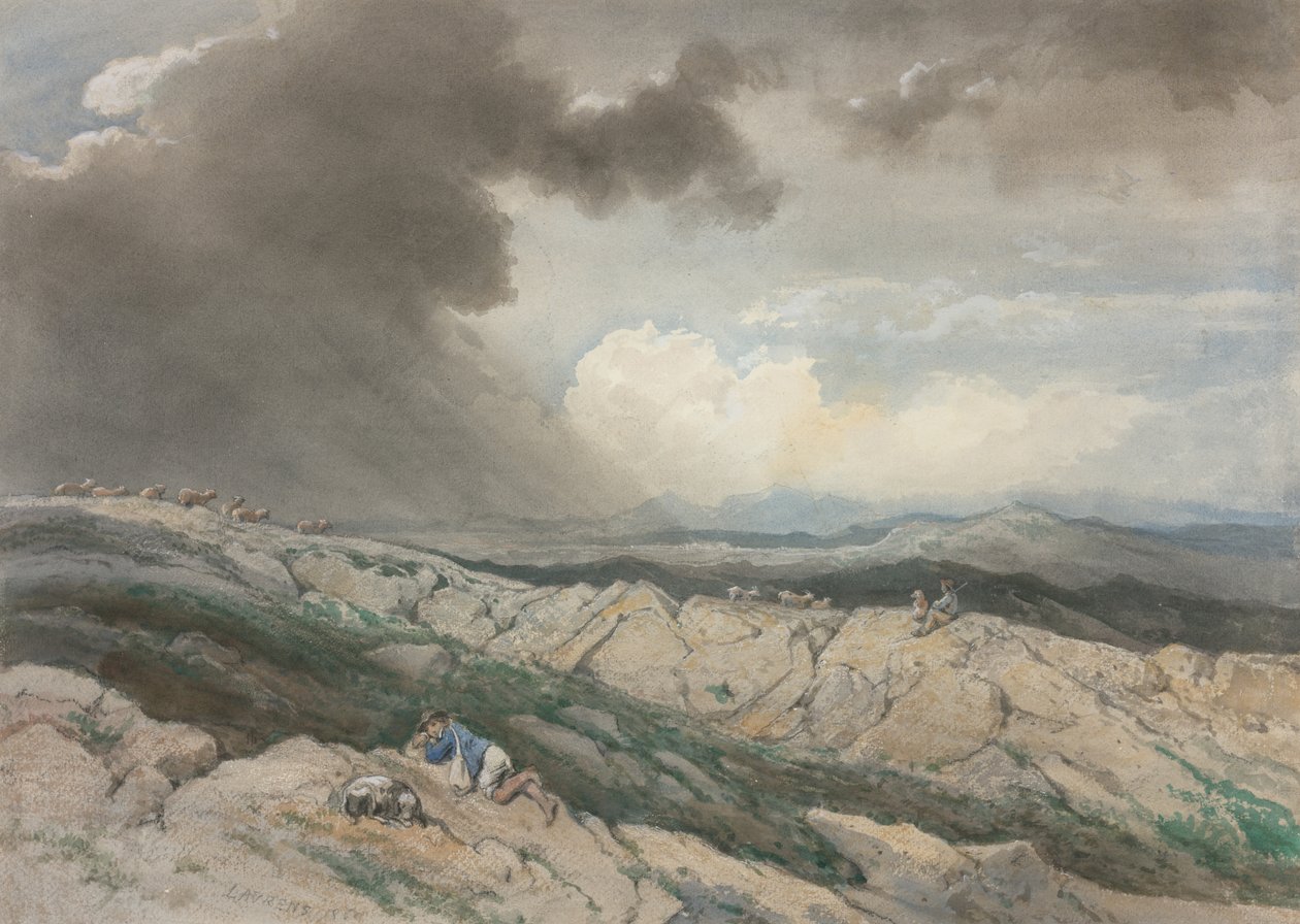 Tájkép pásztorokkal, 1869 körül (akvarell, gouache, fekete kréta és grafit ) alkotó: Jules Joseph Augustin Laurens