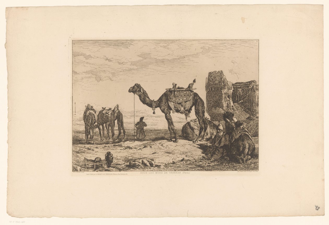 Táj tevékkel a tönkre Sous les murs de Téhéran (Perse) (cím a tárgyon) alkotó: Jules Joseph Augustin Laurens