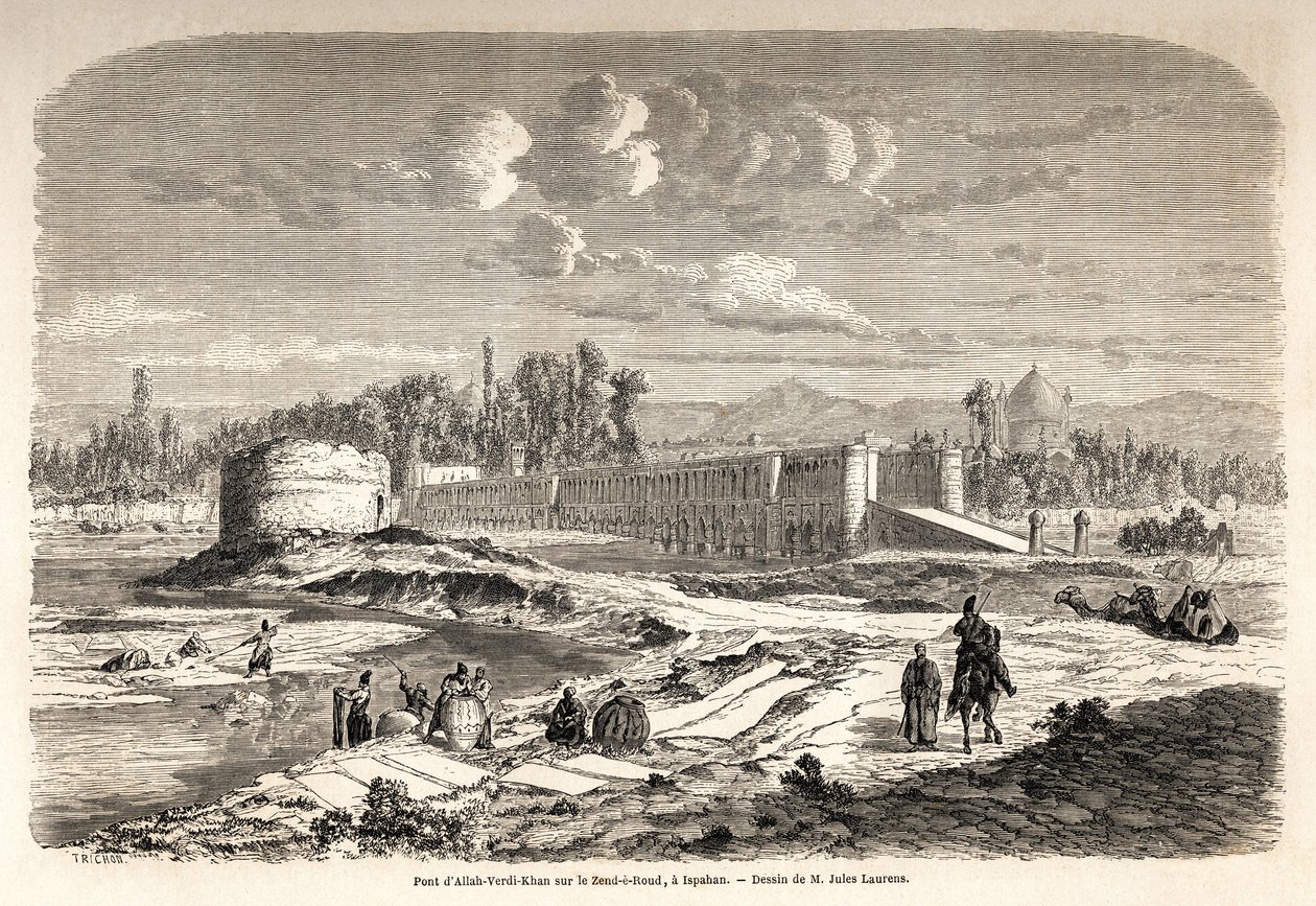 Az Allah Verdi Kahn híd, 1608 körül, Iszfahánban (vagy Iszfahánban) (Irán), átkelőhely a Zend e Roud folyón való átkeléshez, de egyben gát is a folyó folyásának szabályozásához, talárral, ill. tükrös kioszk, ahol a perzsa uralkodó ob alkotó: Jules Joseph Augustin Laurens