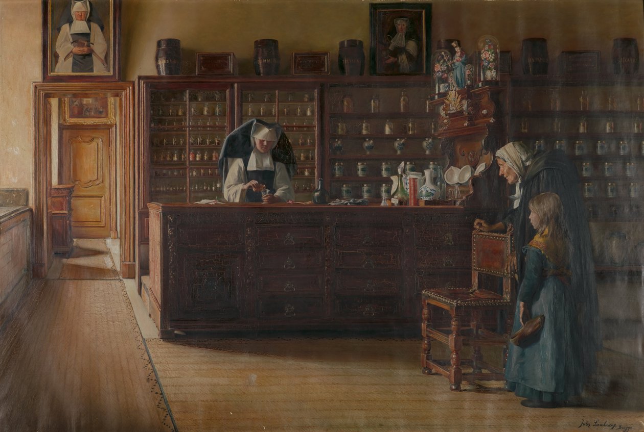 A gyógyszertár a brugge-i Sint-Janshospitaalban (olaj, vászon) alkotó: Jules Lambeaux