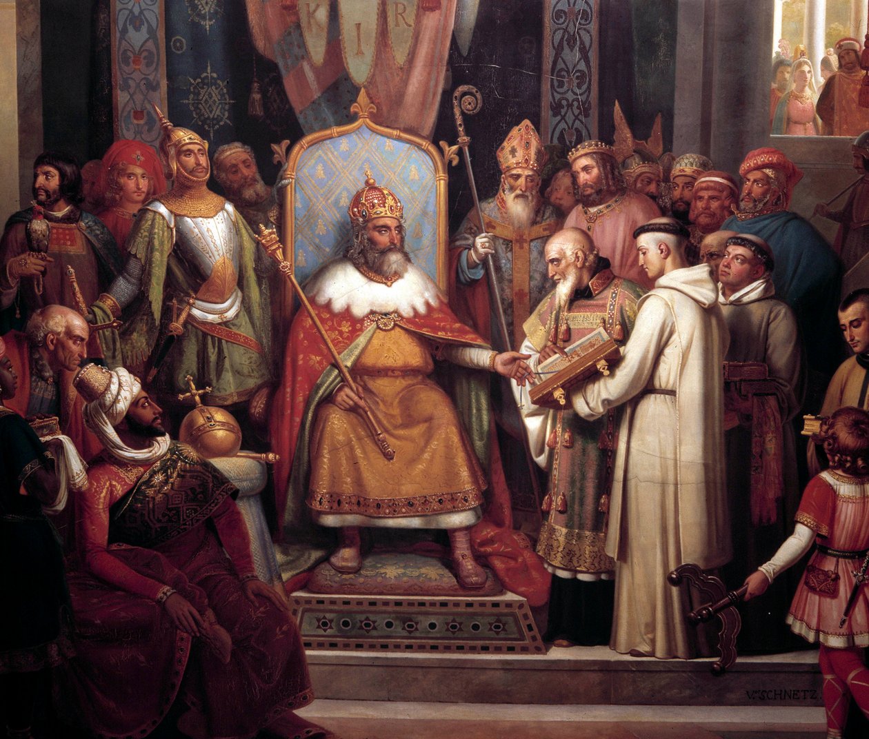 Nagy Károly főtisztjeitől körülvéve fogadta Alcuint, aki 781-ben bemutatta a kéziratokat, szerzeteseinek munkáját. Jules Laure (1806-1861) festményének részlete. 1837. Sun 0,67x1,07 m Versailles, Versailles et de Trianon kastélya - Charlemagne su alkotó: Jules Laure