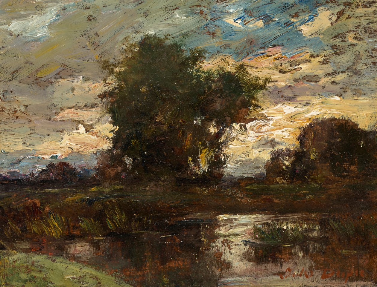 Esti égbolt, álló víz felett alkotó: Jules Louis Dupré
