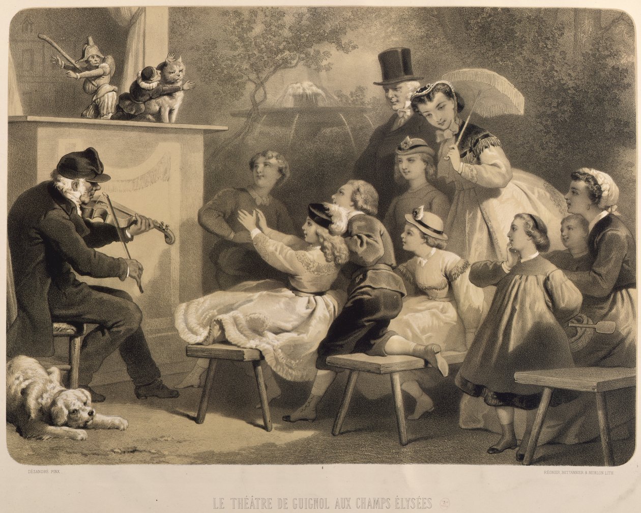 A Theatre Guignol, Champs-Elysees, metszett: Claude Regnier (fl.1840-66) Bettanier és Morion alkotó: Jules Marie Desandre
