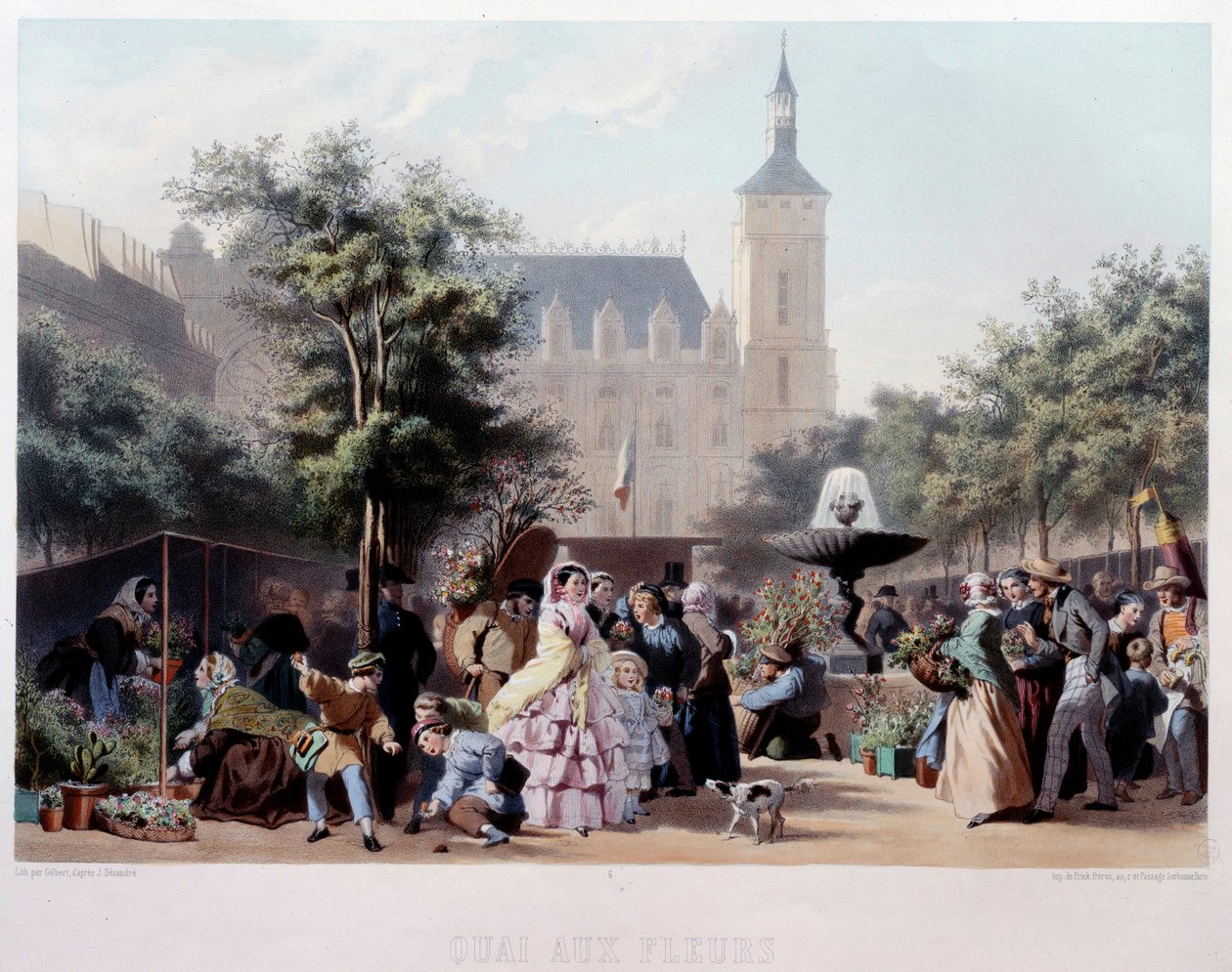 Kilátás a Quai aux Fleurs-re Párizsban Séta az Ile de la Cite-n. Jules Marie Desandre (1845-?) litográfiája, 19. századi Párizs, Musee Carnavalet alkotó: Jules Marie Desandre