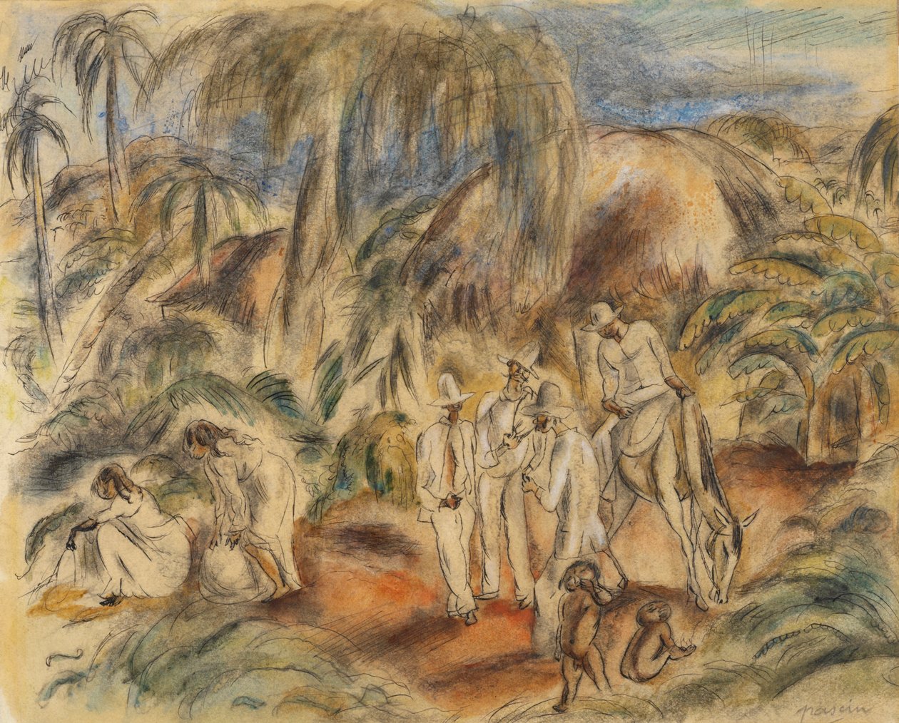 Figurák trópusi tájon (wc papíron) alkotó: Jules Pascin