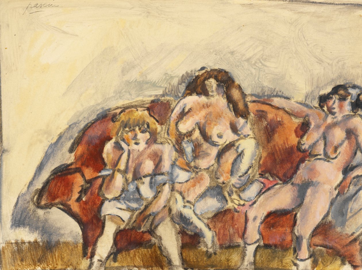 Három nő egy piros kanapén alkotó: Jules Pascin