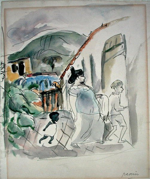 Nő és két gyerek (akvarell papíron) alkotó: Jules Pascin