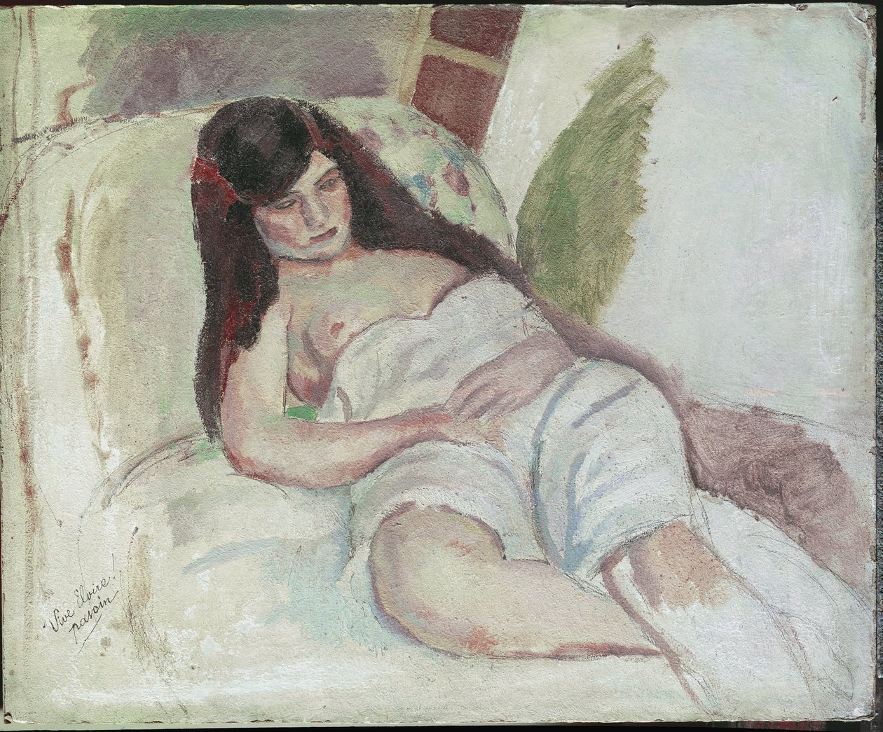 Fekvő nő (Vive Elvire felirattal). (olaj, fa, XX. század) alkotó: Jules Pascin