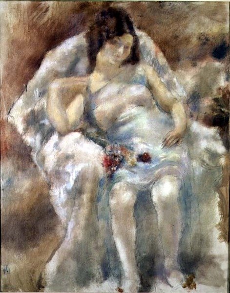 Fiatal nő ül virágokkal alkotó: Jules Pascin