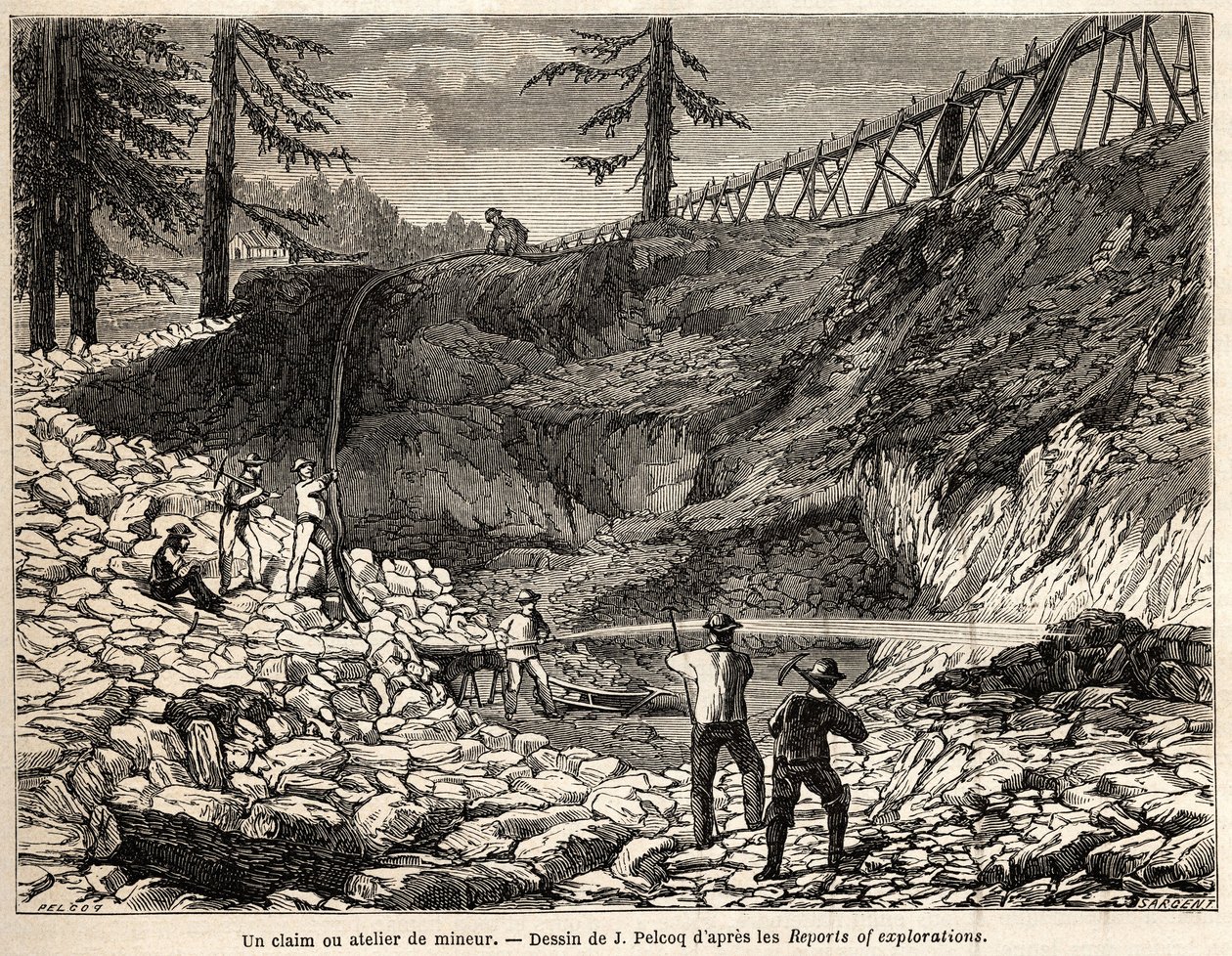 Jules Pelcoq rajza egy kaliforniai bányászat vagy műhely, de Wogan báró 1850-1852-es kaliforniai utazásának történetét illusztrálja. Metszet a „” Le tour du monde, nouveau Journal des voyages”” Párizsban alkotó: Jules Pelcoq