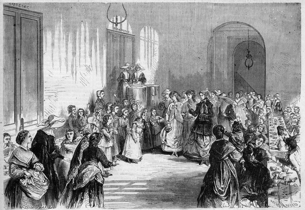 A Impress Eugenie de Montijo (1826-1920) III. Napóleon felesége, a párizsi Barriere du Trone közelében lévő Eugene Napoleon (Eugene-Napoleon) kórház refektóriumában részt vett a gyerekek étkezésén. Jules Pelcoq rajzából. Gravírozás „”-be A alkotó: Jules Pelcoq