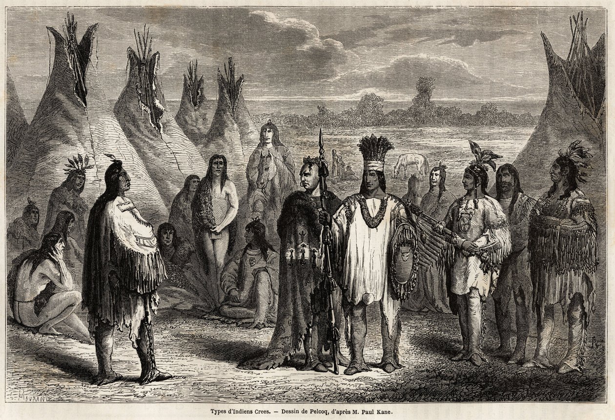 A kanadai crees indiánok típusai, Pelcoq rajza John Palliser kapitány 1857–59-es Sziklás-hegység felfedezésének illusztrálására. Metszet a „” Le tour du monde, nouveau Journal des voyages”” Párizsban alkotó: Jules Pelcoq