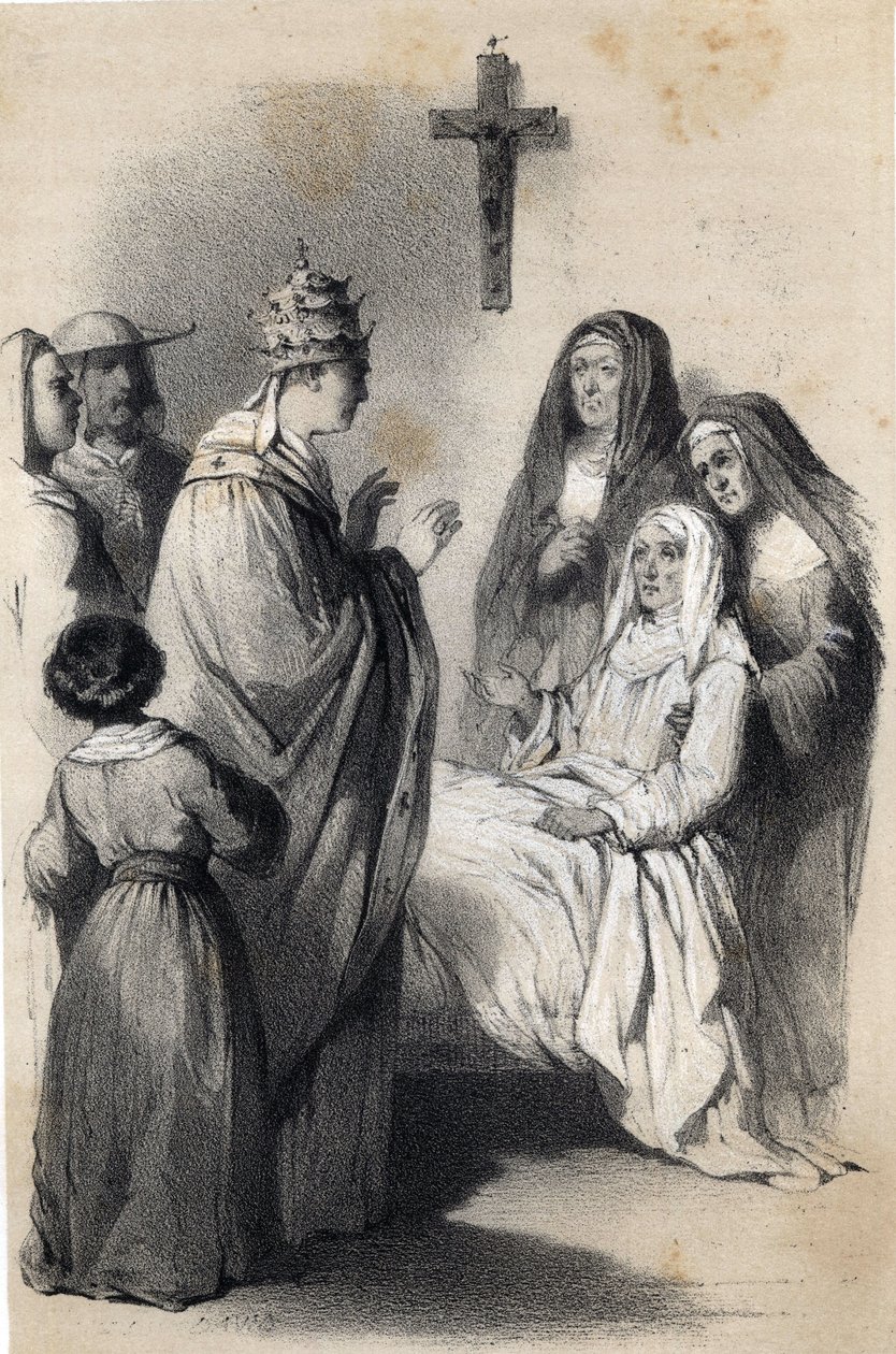 Assisi Szent Claire (Chiara) (kb. 1192-1253), a klaristák vallási rendjének alapítójának ábrázolása „Európa jeles asszonyaiban”. Írta: Drohojowska grófnő, szül. Latreiche Symon. Illusztratív rajzok: Jules David és Raunheim. 1850 körül alkotó: Jules and Raunheim Hermann David