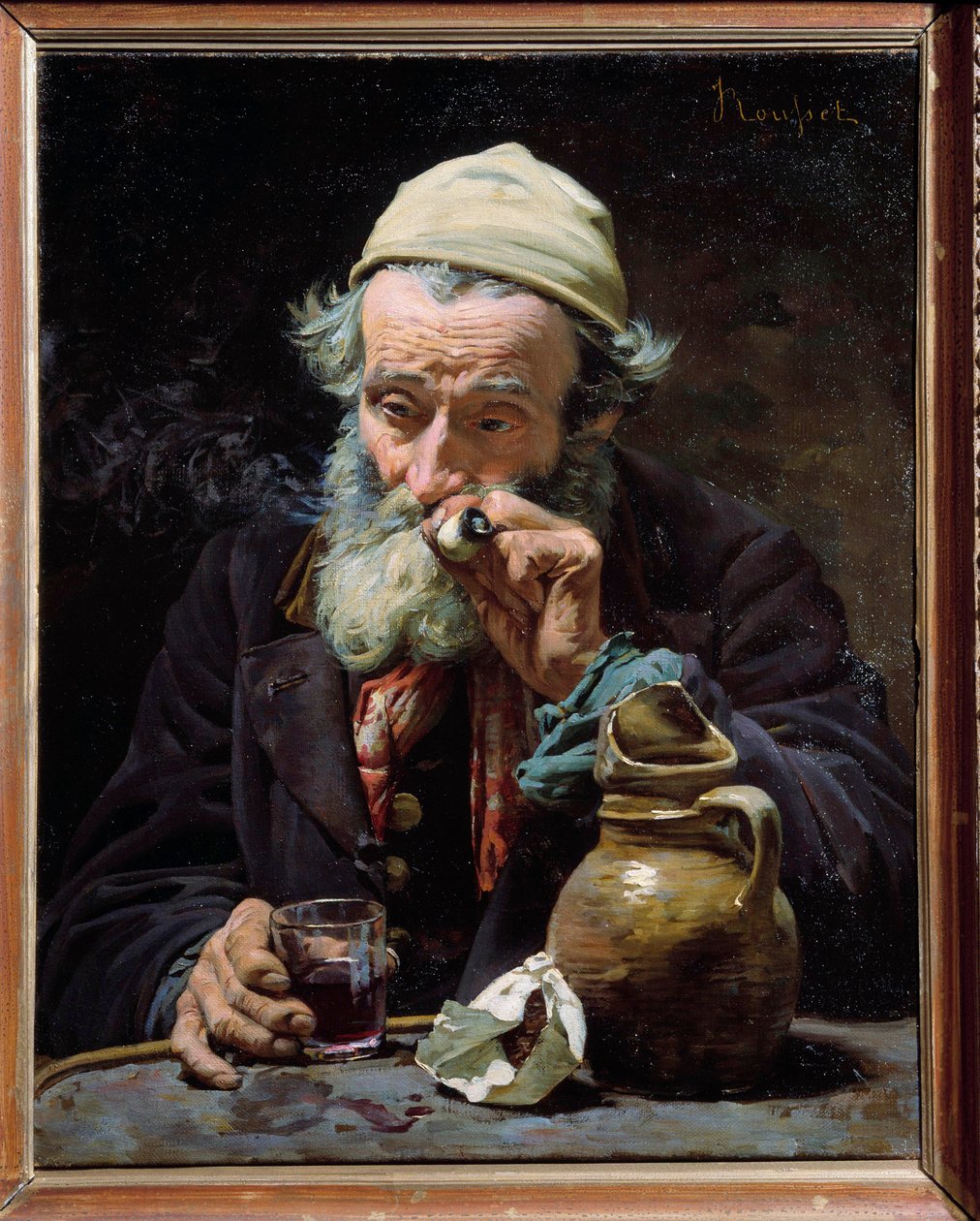 Az ivó Egy idős férfi pipázik és egy pohár bort iszik. Jules Rousset (1840-?) festménye 19. századi Orleans, Szépművészeti Múzeum alkotó: Jules Rousset