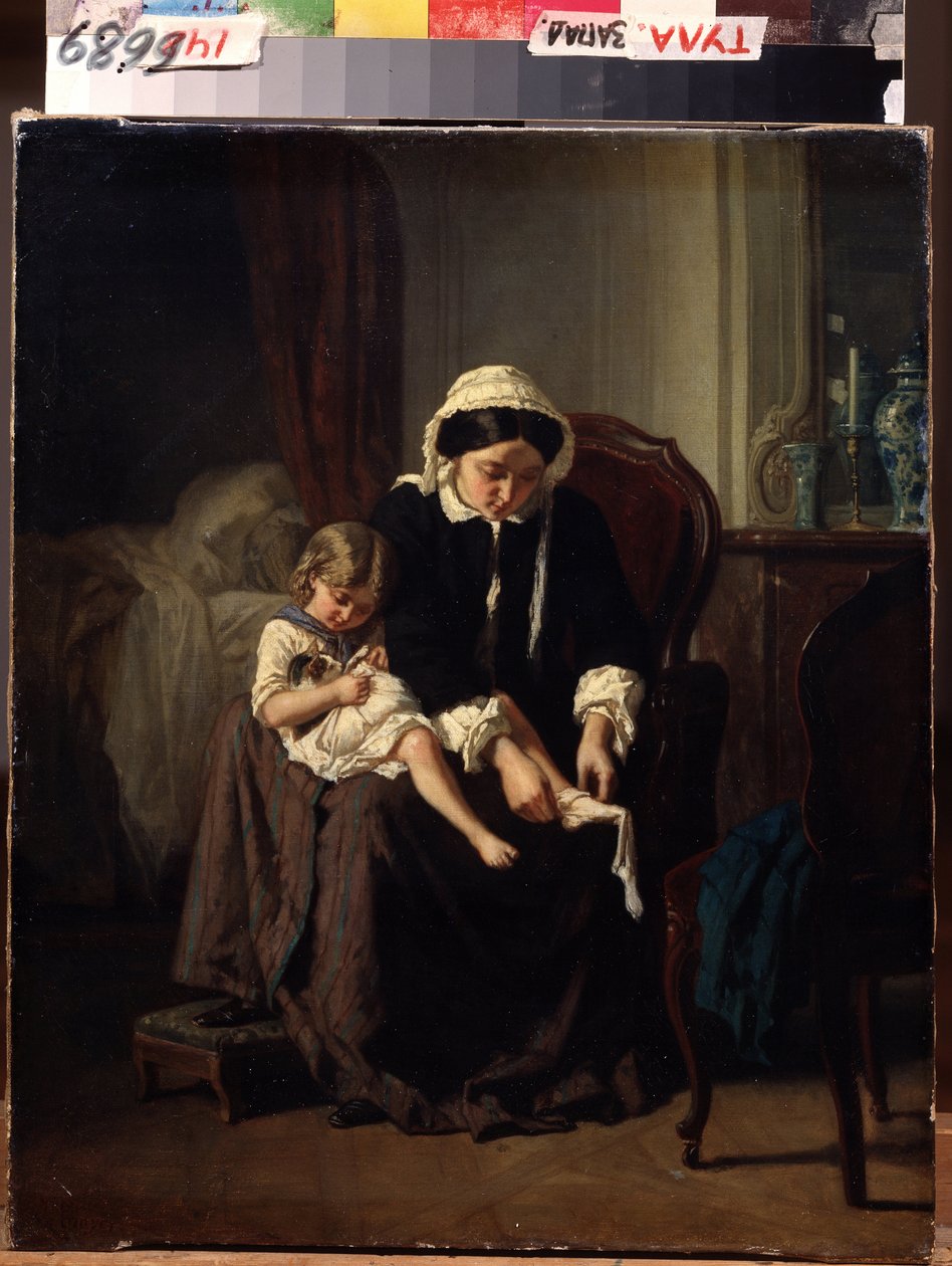 A reggeli WC (reggeli WC). Anya (vagy szolgáló?) segít a gyereknek öltözni. Jules Treyer festménye (1824-1908). Olaj, vászon, 47 x 39 cm alkotó: Jules Treyer