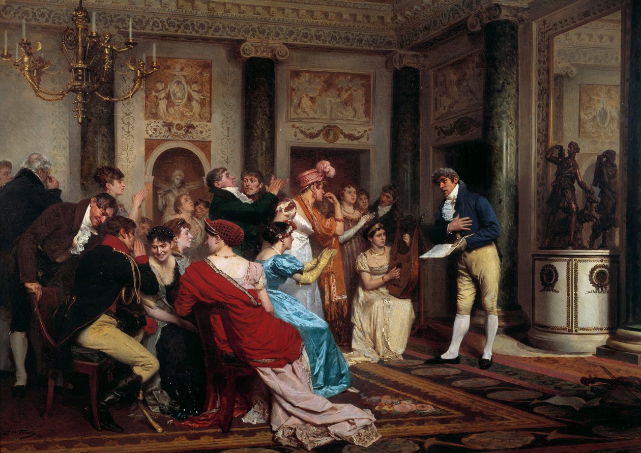 A romantika divatos Színházat olvasni egy párizsi szalonban. (Salon Litteraire) Jules Worms festménye (1832-1914) 19. századi Párizs, Palais du Luxembourg alkotó: Jules Worms