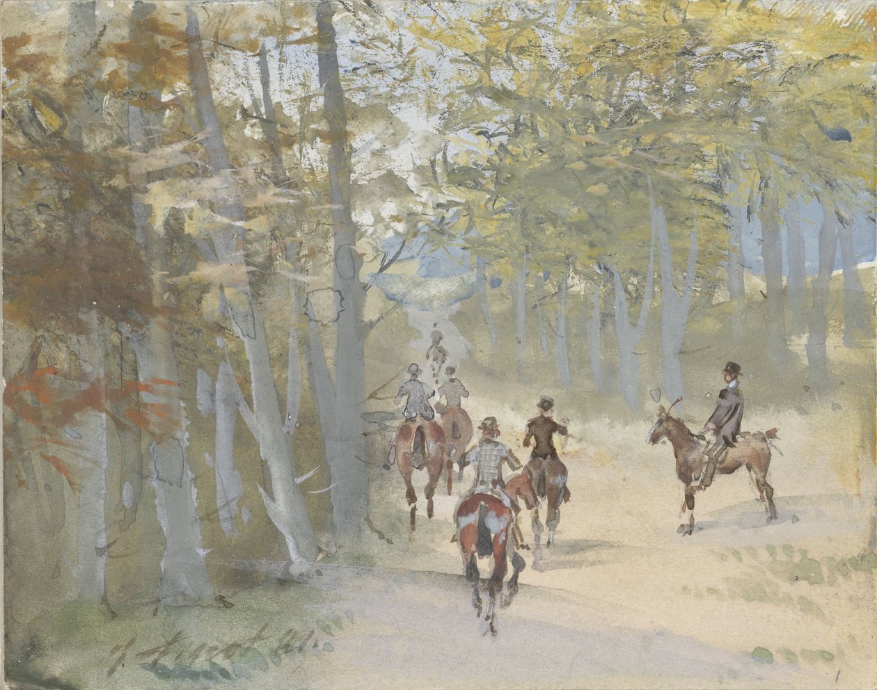 Erdei táj lovasokkal alkotó: Jules baron Finot